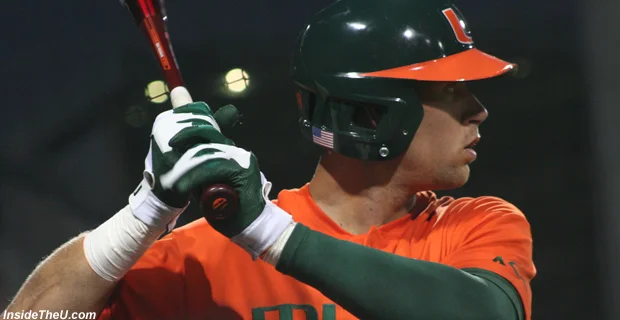 Caden Kreuter batting during his Miami Hurricanes playing career.